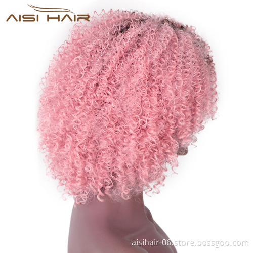 Aisi Hair Short Kinky Fluffy  Ombre Pink Wig Heat Resistant Synthetic Fiber Afro Curly Wigs For Black Women Cosplay Party Wigs